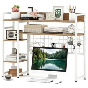 Desktop Bookshelf for Monitors up to 32", 37" x 10" Countertop Organizer with 4 Open Shelves, Grid Panel with 6 Hooks, Anti-Tip Safety Kit, and Adjustable Feet for Home Office (White) Desktop Bookshelf for Monitors up to 32", 37" x 10" Countertop Organizer with 4 Open Shelves, Grid Panel with 6 Hooks, Anti-Tip Safety Kit, and Adjustable Feet for Home Office (White)