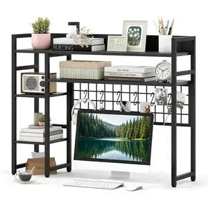 Desktop Bookshelf for Monitors up to 32", 37" x 10" Countertop Organizer with 4 Open Shelves, Grid Panel with 6 Hooks, Anti-Tip Safety Kit, and Adjustable Feet for Home Office (Black) Desktop Bookshelf for Monitors up to 32", 37" x 10" Countertop Organizer with 4 Open Shelves, Grid Panel with 6 Hooks, Anti-Tip Safety Kit, and Adjustable Feet for Home Office (Black)