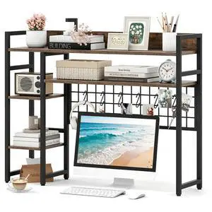 Desktop Bookshelf for Monitors up to 32", 37" x 10" Countertop Organizer with 4 Open Shelves, Grid Panel with 6 Hooks, Anti-Tip Safety Kit, and Adjustable Feet for Home Office (Brown) Desktop Bookshelf for Monitors up to 32", 37" x 10" Countertop Organizer with 4 Open Shelves, Grid Panel with 6 Hooks, Anti-Tip Safety Kit, and Adjustable Feet for Home Office (Brown)