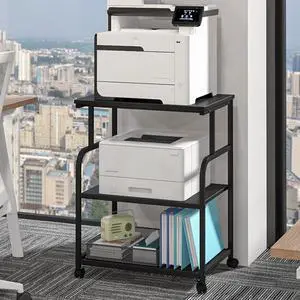 3-Tier Adjustable Large Printer Stand with Storage, Rolling Printer Cart with Lockable Wheels for Home, Office (Black) 3-Tier Adjustable Large Printer Stand with Storage, Rolling Printer Cart with Lockable Wheels for Home, Office (Black)