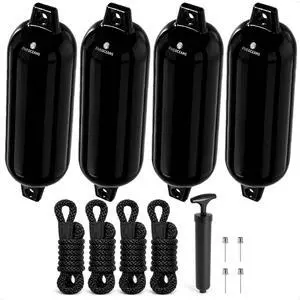 5.5" x 20" Twin Eye Boat Fenders, 4-Pack Marine Inflatable Boat Bumpers for Docking, with 3/8" x 5Ft Lines, Inflator Pump, 4 Needle Valve and 4 Needles, Black & White Colors Available 5.5" x 20" Twin Eye Boat Fenders, 4-Pack Marine Inflatable Boat Bumpers for Docking, with 3/8" x 5Ft Lines, Inflator Pump, 4 Needle Valve and 4 Needles, Black & White Colors Available