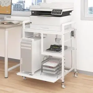 Large Printer Stand with Wheels: Lockable Rolling Printer Cart | 24 x 18 Inch Top Fits Laser Printers Shredders and PC Towers 3-Outlet Power Strip and Storage Bag for Home Office (White) Large Printer Stand with Wheels: Lockable Rolling Printer Cart | 24 x 18 Inch Top Fits Laser Printers Shredders and PC Towers 3-Outlet Power Strip and Storage Bag for Home Office (White)