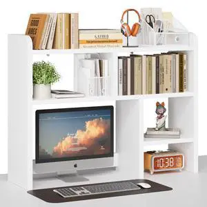 Desk Shelf, Desktop Hutch with 6 Storage Areas, Desktop Organizer Shelf with 27" Large Monitor Compartment, Multipurpose Wood Desktop Display Rack for Computer Desk, Dorm, Office, Home (White) Desk Shelf, Desktop Hutch with 6 Storage Areas, Desktop Organizer Shelf with 27" Large Monitor Compartment, Multipurpose Wood Desktop Display Rack for Computer Desk, Dorm, Office, Home (White)