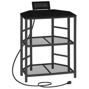 Corner Printer Stand with Charging Station, 3-Tier Large Printer Table with Adjustable Feet, Metal Frame Storage Shelf for Office, Living Room, Small Space, Black PTBK14E01 Corner Printer Stand with Charging Station, 3-Tier Large Printer Table with Adjustable Feet, Metal Frame Storage Shelf for Office, Living Room, Small Space, Black PTBK14E01