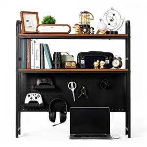 Desktop Shelf, Desk Hutch with Grid Panel, Desktop 2-Tier Display Rack, Multipurpose Metal Desktop Bookshelf Storage Organizer, Black Desktop Shelf, Desk Hutch with Grid Panel, Desktop 2-Tier Display Rack, Multipurpose Metal Desktop Bookshelf Storage Organizer, Black