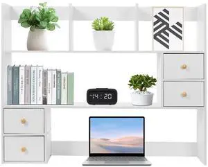 Desk Hutch Top Only, Desktop Hutch with 8 Shelves & 4 Drawers, Vanity Desk with Hutch, Extendable Small Desk Shelf for Top of Desk, Desktop Bookcase Bookshelf for Home Office Desk Hutch Top Only, Desktop Hutch with 8 Shelves & 4 Drawers, Vanity Desk with Hutch, Extendable Small Desk Shelf for Top of Desk, Desktop Bookcase Bookshelf for Home Office