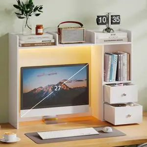 Desktop Bookshelf with LED Lights and 4 Shelves | 36.6", 2 Drawers, Fits 27" Monitor, Desk Organizer Shelf, Dorm Office Home, White Desktop Bookshelf with LED Lights and 4 Shelves | 36.6", 2 Drawers, Fits 27" Monitor, Desk Organizer Shelf, Dorm Office Home, White