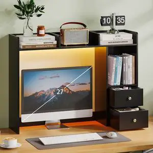 Desktop Bookshelf with LED Lights and 4 Shelves | 36.6", 2 Drawers, Fits 27" Monitor, Desk Organizer Shelf, Dorm Office Home, Black Desktop Bookshelf with LED Lights and 4 Shelves | 36.6", 2 Drawers, Fits 27" Monitor, Desk Organizer Shelf, Dorm Office Home, Black