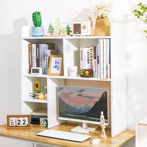 Desktop Shelf, Desk Hutch with 5 Shelves for Computer Desk, Desktop 3-Tier Display Rack, Multipurpose Wood Desktop Bookshelf Storage Organizer for Dorm Office Home, White Desktop Shelf, Desk Hutch with 5 Shelves for Computer Desk, Desktop 3-Tier Display Rack, Multipurpose Wood Desktop Bookshelf Storage Organizer for Dorm Office Home, White