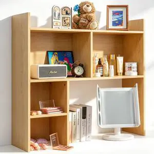 Desktop Shelf, Desk Hutch with 5 Shelves for Computer Desk, Desktop 3-Tier Display Rack, Multipurpose Wood Desktop Bookshelf Storage Organizer for Dorm Office Home, Natural Desktop Shelf, Desk Hutch with 5 Shelves for Computer Desk, Desktop 3-Tier Display Rack, Multipurpose Wood Desktop Bookshelf Storage Organizer for Dorm Office Home, Natural