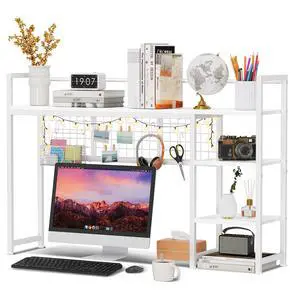 Desk Shelf, 44.9" Desktop Organizer Shelf, Desk Hutch for Computer Monitor, 4 Tier Desk Display Rack with Pegboard Hooks Set, Wood Desktop Bookshelf for Home Office Dorm Desk Shelf, 44.9" Desktop Organizer Shelf, Desk Hutch for Computer Monitor, 4 Tier Desk Display Rack with Pegboard Hooks Set, Wood Desktop Bookshelf for Home Office Dorm