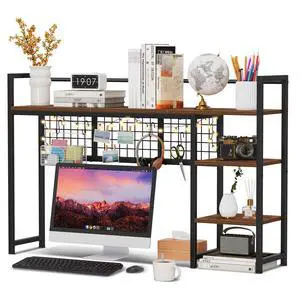 Desk Shelf, 44.9" Desktop Organizer Shelf, Desk Hutch for Computer Monitor, 4 Tier Desk Display Rack with Pegboard Hooks Set, Wood Desktop Bookshelf for Home Office Dorm Desk Shelf, 44.9" Desktop Organizer Shelf, Desk Hutch for Computer Monitor, 4 Tier Desk Display Rack with Pegboard Hooks Set, Wood Desktop Bookshelf for Home Office Dorm