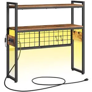 Desktop Bookcase, 2-Tier Desktop Organizer, 29.9" Wooden Office Storage Rack with Outlets, Display Shelf Rack with Light Strip, Desk Hutch for Office, Rustic Brown BF11UDSJ01 Desktop Bookcase, 2-Tier Desktop Organizer, 29.9" Wooden Office Storage Rack with Outlets, Display Shelf Rack with Light Strip, Desk Hutch for Office, Rustic Brown BF11UDSJ01