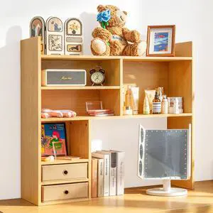Desktop Bookshelf, High-Capacity Desk Hutch Organizer with 7 Shelves and 2 Drawers for Computer Desk, Desk Shelf Organizer for Dorm Office Home, Natural Desktop Bookshelf, High-Capacity Desk Hutch Organizer with 7 Shelves and 2 Drawers for Computer Desk, Desk Shelf Organizer for Dorm Office Home, Natural