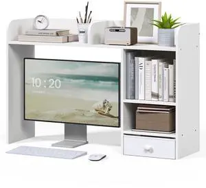 Desktop Bookshelf with Drawer, Desk Hutch with 4 Storage Shelves for Computer Desk, Desk Shelf for Home Office Dorm, Dressing Tabletop, Bar Countertop, White Desktop Bookshelf with Drawer, Desk Hutch with 4 Storage Shelves for Computer Desk, Desk Shelf for Home Office Dorm, Dressing Tabletop, Bar Countertop, White