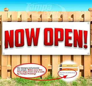 Now Open Banner 13 oz | Non-Fabric | Heavy-Duty Vinyl Single-Sided with Metal Grommets Now Open Banner 13 oz | Non-Fabric | Heavy-Duty Vinyl Single-Sided with Metal Grommets