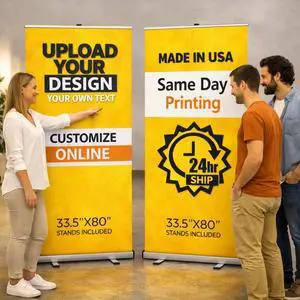Custom Retractable Banner Stand 33x80 | Pull Up Roll Up Banner for Trade Shows & Events | Premium Silver Stand | Full Color Custom Print | Travel Case Included | Made in USA | 2-Day Turnaround Custom Retractable Banner Stand 33x80 | Pull Up Roll Up Banner for Trade Shows & Events | Premium Silver Stand | Full Color Custom Print | Travel Case Included | Made in USA | 2-Day Turnaround