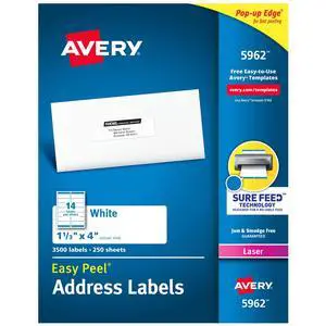 Easy Peel Printable Address Labels with Sure Feed, 1" x 4", White, 3,500 Blank Mailing Labels (05962) Easy Peel Printable Address Labels with Sure Feed, 1" x 4", White, 3,500 Blank Mailing Labels (05962)
