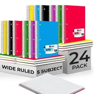 24 Pack Spiral Notebook, 5 Subject, 300 Pages/Book (150 Sheets), Wide Ruled, 8 x 10-1/2, Office Spiral Notebooks, Bulk Subject Notebooks for School & Office, Soft Cover, Assorted Colors 24 Pack Spiral Notebook, 5 Subject, 300 Pages/Book (150 Sheets), Wide Ruled, 8 x 10-1/2, Office Spiral Notebooks, Bulk Subject Notebooks for School & Office, Soft Cover, Assorted Colors