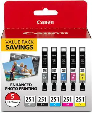 CLI-251 Genuine 5 Color Value Pack, Compatible with MG7520, MG5620, and MG6620 Printers CLI-251 Genuine 5 Color Value Pack, Compatible with MG7520, MG5620, and MG6620 Printers