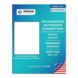 Waterproof White Inkjet Sticker Paper 8.5" x 11" Full Sheet Labels Inkjet Printers only Similar to Vinyl 100 Sheets Waterproof White Inkjet Sticker Paper 8.5" x 11" Full Sheet Labels Inkjet Printers only Similar to Vinyl 100 Sheets