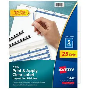 3-Tab Unpunched Dividers for Use with Any Binding System, Easy Print & Apply Clear Label Strip, Index Maker Customizable White Tabs, 25 Sets (11442) 3-Tab Unpunched Dividers for Use with Any Binding System, Easy Print & Apply Clear Label Strip, Index Maker Customizable White Tabs, 25 Sets (11442)