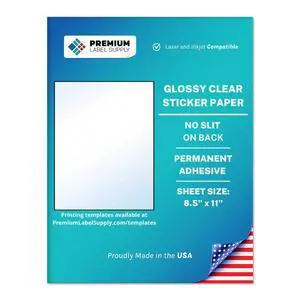 Glossy Clear Sticker Paper 8.5" x 11" Full Sheet Labels Laser/Inkjet Compatible 100 Sheets Glossy Clear Sticker Paper 8.5" x 11" Full Sheet Labels Laser/Inkjet Compatible 100 Sheets