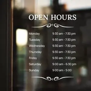 Hours of Operation Signs for Business Door or Window - Personalized Business Hours Sign Vinyl Decal, Custom Store Sign for Glass Door, Storefront, Office Open Hour Signs - Weatherproof, Made in USA Hours of Operation Signs for Business Door or Window - Personalized Business Hours Sign Vinyl Decal, Custom Store Sign for Glass Door, Storefront, Office Open Hour Signs - Weatherproof, Made in USA