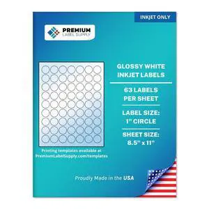 Glossy White Sticker Round Labels 1" Circle (63 per Sheet) (Glossy White for Inkjet Only, 31,500 Labels) Glossy White Sticker Round Labels 1" Circle (63 per Sheet) (Glossy White for Inkjet Only, 31,500 Labels)