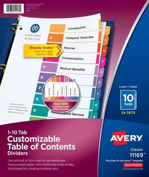 10 Tab Dividers for 3 Ring Binders, Customizable Table of Contents, Multicolor Tabs, 24 Sets (11169) 10 Tab Dividers for 3 Ring Binders, Customizable Table of Contents, Multicolor Tabs, 24 Sets (11169)