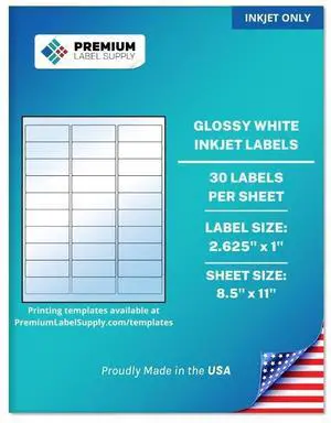 Glossy White Address Sticker Labels 2.625" x 1" (30 per Sheet) (Glossy White for Inkjet Only, 3,000 Labels) Glossy White Address Sticker Labels 2.625" x 1" (30 per Sheet) (Glossy White for Inkjet Only, 3,000 Labels)