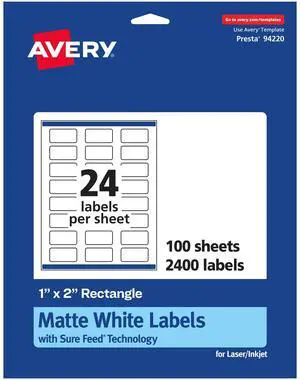 Matte White Rectangle Labels, Sure Feed Technology, 1" x 2", 2,400 Matte White Printable Labels Matte White Rectangle Labels, Sure Feed Technology, 1" x 2", 2,400 Matte White Printable Labels
