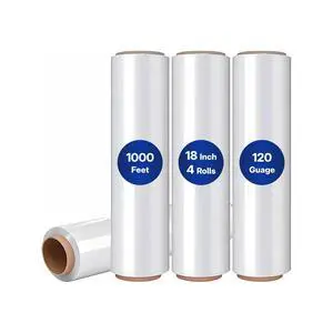 Plastic Wrap Stretch Film - Industrial Strength up to 1200% Stretch 20 Microns Clear Durable Adhering Packing Moving Heavy Duty Shrink Film Box of 4 (120 Gauge, 18'' x 1000') Plastic Wrap Stretch Film - Industrial Strength up to 1200% Stretch 20 Microns Clear Durable Adhering Packing Moving Heavy Duty Shrink Film Box of 4 (120 Gauge, 18'' x 1000')