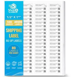 40000 Labels (500 Sheets) 80-Up White Shipping Labels ½ x 1¾" Permanent Self-Adhesive Easy Peel Stickers for Laser & Inkjet Printers 40000 Labels (500 Sheets) 80-Up White Shipping Labels ½ x 1¾" Permanent Self-Adhesive Easy Peel Stickers for Laser & Inkjet Printers