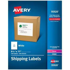 Full Sheet Printable Shipping Labels, 8.5" x 11", White, 250 Blank Mailing Labels, Great for Packages, Product Merchandising, Organization, and More (95920) Full Sheet Printable Shipping Labels, 8.5" x 11", White, 250 Blank Mailing Labels, Great for Packages, Product Merchandising, Organization, and More (95920)