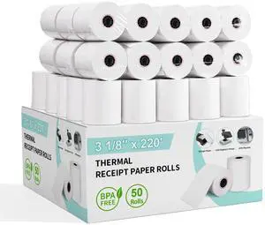 3 1/8 x 220 Thermal Receipt Paper 50 Rolls Printer Paper 45 GSM - Compatible with ALL POS Systems, Cash Registers, Thermal Receipt Rolls 3 1/8 x 220 Thermal Receipt Paper 50 Rolls Printer Paper 45 GSM - Compatible with ALL POS Systems, Cash Registers, Thermal Receipt Rolls