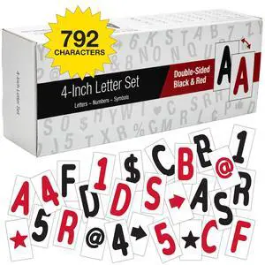 Swinging Sign Letters: Includes 792 four inch Letters, Symbols, and Numbers for 24"x36" Swinging Letter Board Sign. Double Sided with Black & Red Printing on Flexible White Plastic Panels Swinging Sign Letters: Includes 792 four inch Letters, Symbols, and Numbers for 24"x36" Swinging Letter Board Sign. Double Sided with Black & Red Printing on Flexible White Plastic Panels