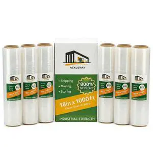 NEXUSWAY 18'' Stretch Film Wrap for Moving - Stretch Film Pallet Wrap Roll Heavy Duty 1000 feet 80 Gauge Industrial Strength up to 800% Stretch 20 Microns for Shipping Moving Furniture (Pack of 6) NEXUSWAY 18'' Stretch Film Wrap for Moving - Stretch Film Pallet Wrap Roll Heavy Duty 1000 feet 80 Gauge Industrial Strength up to 800% Stretch 20 Microns for Shipping Moving Furniture (Pack of 6)