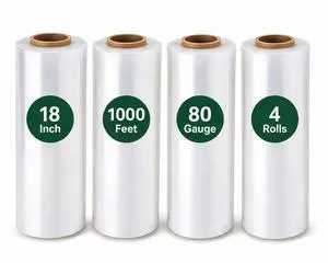 NEXUSWAY 4 Rolls 18'' Shrink Wrap for Moving - Stretch Film Pallet Wrap Roll Heavy Duty 1000 feet 80 Gauge Industrial Strength up to 800% Stretch 20 Microns for Shipping Moving Furniture NEXUSWAY 4 Rolls 18'' Shrink Wrap for Moving - Stretch Film Pallet Wrap Roll Heavy Duty 1000 feet 80 Gauge Industrial Strength up to 800% Stretch 20 Microns for Shipping Moving Furniture