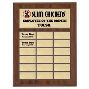 Custom Perpetual Plaque, Employee of The Month, Salesman of The Month Appreciation Award Gold Plates on Wood Grain Pressed Board (18 Plate - 12x15") Custom Perpetual Plaque, Employee of The Month, Salesman of The Month Appreciation Award Gold Plates on Wood Grain Pressed Board (18 Plate - 12x15")