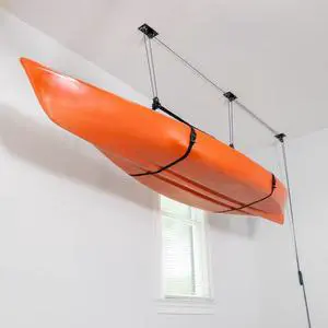 Pulley Hoist for Kayaks, Canoes, and Paddleboards - Heavy Duty Garage Storage Lift - Kayak Hanger Holds 150 lbs and Fits 10-14 ft Tall Garage Ceilings Pulley Hoist for Kayaks, Canoes, and Paddleboards - Heavy Duty Garage Storage Lift - Kayak Hanger Holds 150 lbs and Fits 10-14 ft Tall Garage Ceilings
