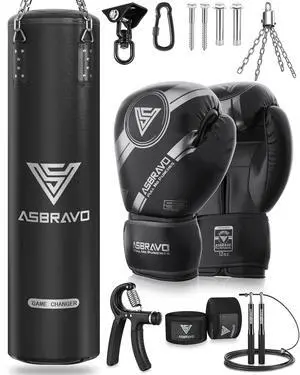 4ft PU Punching Bag Set for Adults with Gloves, Adjustable Weight | 12oz Boxing Gloves,180-Inch Hand Wraps, Jump Rope, Hand Gripper, Hanging Accessories, Home Gym Training - Unfilled 4ft PU Punching Bag Set for Adults with Gloves, Adjustable Weight | 12oz Boxing Gloves,180-Inch Hand Wraps, Jump Rope, Hand Gripper, Hanging Accessories, Home Gym Training - Unfilled
