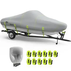 14 ft Boat Cover 1200D Trailerable Waterproof Bass Boat Cover | Fits 14-15.8 ft V-Hull Fish & Ski Runabout Boats, Heavy Duty Design, Reflective Strips, Storage Bag, Up To 68" Wide 14 ft Boat Cover 1200D Trailerable Waterproof Bass Boat Cover | Fits 14-15.8 ft V-Hull Fish & Ski Runabout Boats, Heavy Duty Design, Reflective Strips, Storage Bag, Up To 68" Wide