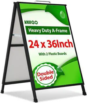A Frame Sidewalk Sign 24 x 36 Inch Outdoor, Double-Sided Folding Sandwich Board with Handle, Heavy Duty Metal Slide-in A-Frame for Business, Advertising, Party, with 2 Plastic Boards A Frame Sidewalk Sign 24 x 36 Inch Outdoor, Double-Sided Folding Sandwich Board with Handle, Heavy Duty Metal Slide-in A-Frame for Business, Advertising, Party, with 2 Plastic Boards