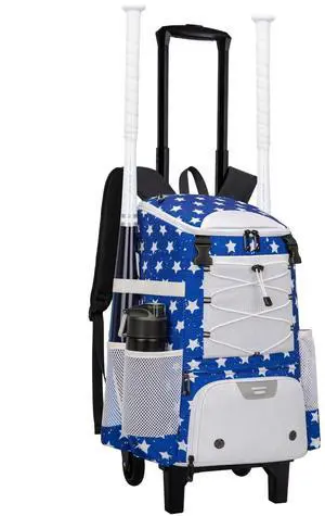 2-in-1 Rolling Baseball & Softball Bag, Detachable Backpack, Roll or Carry, Dual-Pole Anti-Tip, 3.5" Wheels, No Tools Setup 2-in-1 Rolling Baseball & Softball Bag, Detachable Backpack, Roll or Carry, Dual-Pole Anti-Tip, 3.5" Wheels, No Tools Setup