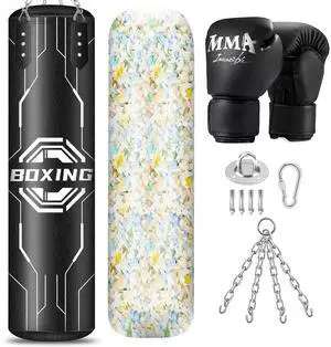 Filled Punching Bag for Adults, 4FT PU Leather Hanging Boxing Bag with 11lb Sponge Filler & 12OZ Boxing Gloves, Heavy Kicking Bag Boxing Equipment for MMA Training Karate Kickboxing Filled Punching Bag for Adults, 4FT PU Leather Hanging Boxing Bag with 11lb Sponge Filler & 12OZ Boxing Gloves, Heavy Kicking Bag Boxing Equipment for MMA Training Karate Kickboxing