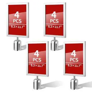 4 Pack Stanchion Sign Holders, Portrait Double Sided Sign Frame with Clear Cover, Fits 8.3 x 11.7 Inch Paper for Crowd Control Sentry Stanchions (Silver) 4 Pack Stanchion Sign Holders, Portrait Double Sided Sign Frame with Clear Cover, Fits 8.3 x 11.7 Inch Paper for Crowd Control Sentry Stanchions (Silver)