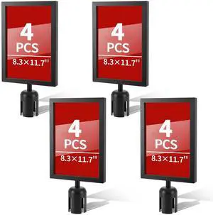 4 Pack Stanchion Sign Holders, Portrait Double Sided Sign Frame with Clear Cover, Fits 8.3 x 11.7 Inch Paper for Crowd Control Sentry Stanchions (Black) 4 Pack Stanchion Sign Holders, Portrait Double Sided Sign Frame with Clear Cover, Fits 8.3 x 11.7 Inch Paper for Crowd Control Sentry Stanchions (Black)