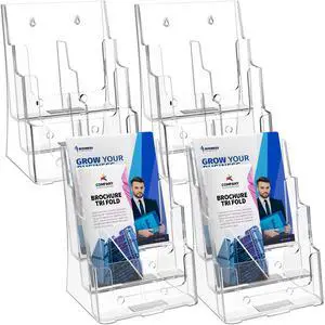 Acrylic Brochure Holder 8.5 x 11 with Divider, 3 Tier, 4 Pack | Clear Acrylic with Slanted Back for Stable Display, Wall or Countertop Use, Non-Slip Slots, Fits 4 x 9 Inserts via Divider Acrylic Brochure Holder 8.5 x 11 with Divider, 3 Tier, 4 Pack | Clear Acrylic with Slanted Back for Stable Display, Wall or Countertop Use, Non-Slip Slots, Fits 4 x 9 Inserts via Divider