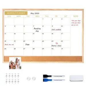 Calendar Whiteboard with Cork Board, 36"x24" Wood Frame Dry Erase Calendar for Wall, Magnetic Monthly Combination Board for Home, Office, School, Kitchen, Beige Calendar Whiteboard with Cork Board, 36"x24" Wood Frame Dry Erase Calendar for Wall, Magnetic Monthly Combination Board for Home, Office, School, Kitchen, Beige